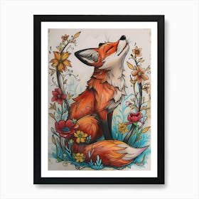 Amazing Red Fox With Flowers 5 Art Print