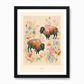 Folksy Floral Animal Drawing Bison 2 Poster Art Print