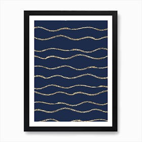 Royal Blue With Gold Wave Lines Art Print