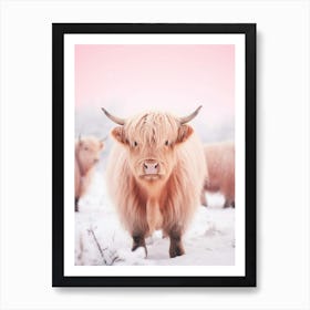 Highland Cow In The Snow Realistic Pink Photography 1 Art Print