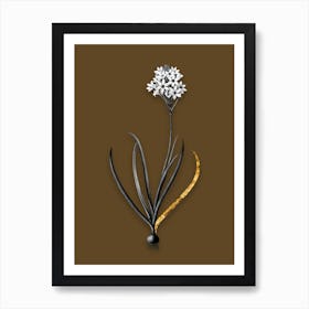 Vintage Arabian Starflower Black and White Gold Leaf Floral Art on Coffee Brown n.0768 Art Print