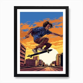 Skateboarding In Lyon, France Comic Style 1 Art Print