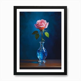 Pink Rose In Blue Vase 1 Art Print