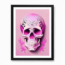 Skull With Abstract Elements 2 Pink Line Drawing Art Print