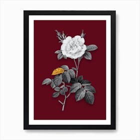 Vintage White Rose Black and White Gold Leaf Floral Art on Burgundy Red n.0879 Art Print