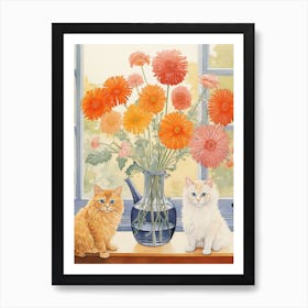 Cat With Chrysanthemum Flowers Watercolor Mothers Day Valentines 2 Art Print