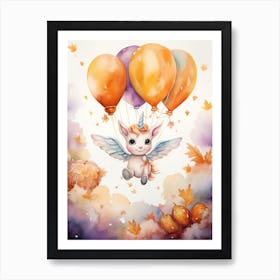 Unicorn Flying With Autumn Fall Pumpkins And Balloons Watercolour Nursery 2 Art Print