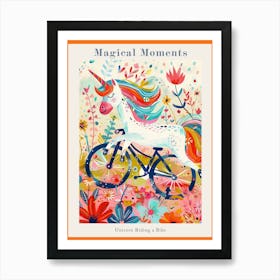 Floral Fauvism Style Unicorn Riding A Bike 3 Poster Art Print