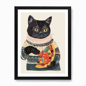 Cute Black Cat Eating A Pizza Slice Folk Illustration 2 Art Print