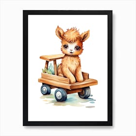 Baby Llama On A Toy Car, Watercolour Nursery 2 Art Print