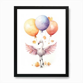 Flamingo Flying With Autumn Fall Pumpkins And Balloons Watercolour Nursery 3 Art Print