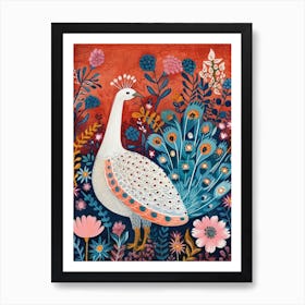 White Floral Folky Peacock 3 Art Print