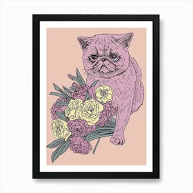 Cute Exotic Shorthair Cat With Flowers Illustration 2 Art Print