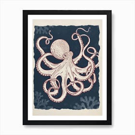 Navy Blue & Red Linocut Inspired Octopus 3 Art Print