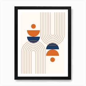 Mid Century Modern Geometric, Moon Phases, Sun and Rainbow in Navy Blue Vintage Burnt Orange Art Print