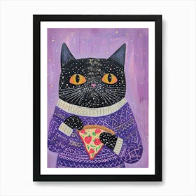 Cute Black Cat Eating A Pizza Slice Folk Illustration 4 Art Print