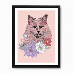 Cute Norwegian Cat With Flowers Illustration 3 Art Print