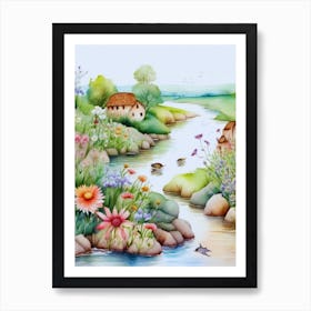 Watercolor Of A River With Flowers Art Print