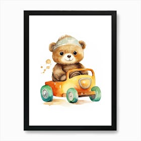 Baby Penguin On A Toy Car, Watercolour Nursery 3 Art Print