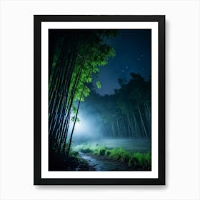 Live Action Night Scene At Midnight Dense Fog Enveloping A Grove Of Bamboo Against A Starry Sky Mi Art Print