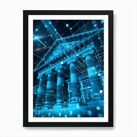 Futuristic, Abstract Image Of A Bank Building Constructed From Blue Lines And Grids Art Print