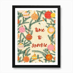 Time to Sparkle Christmas Vintage Multicolor Ornaments Warm Tone Art Print