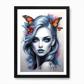 Blue Girl With Butterflies Art Print