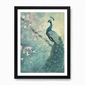 Vintage Turquoise Peacock With Blossom Art Print