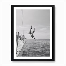 Two Women Jumping Off A Yacht Art Print