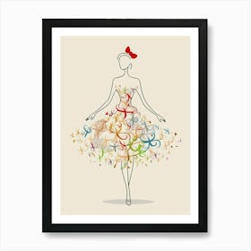 Modern Woman Silhouette with Colorful Dress and Red Bow Art Print