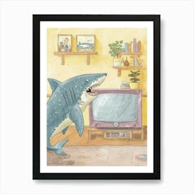 Shark On The Floor Watching Tv In The Living Room Line Illustration Art Print