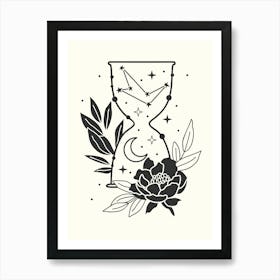 Hourglass With Flowers And Stars Monoline Hand Drawing Aesthetic Illustration Art Print