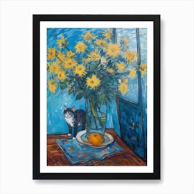 Still Life Of Aster With A Cat 1 Art Print