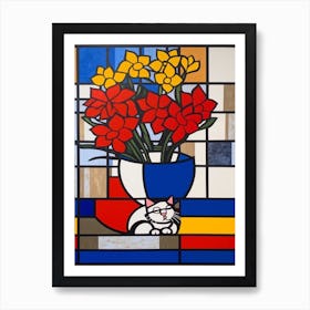 Lilies With A Cat 3 De Stijl Style Mondrian Art Print