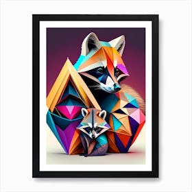 Raccoon Mother With Baby Modern Geometric Art Print