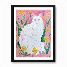 Cute Angora Cat With Flowers Illustration 4 Art Print