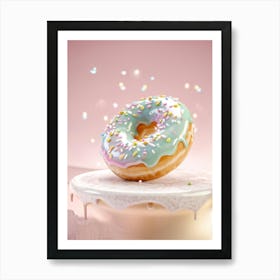 Hovering Glazed Porcelain Donut 3d Illustration Shimmering Gold Sprinkles Pastel Palette Visible Art Print