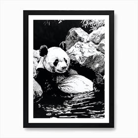 Giant Panda Relaxing In A Hot Spring Ink Illustration 4 Art Print