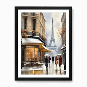 Paris cafes, winter season, Christmas, autumn oil colors, pale colors, pedestrians in the street, winter clothes, falling snow.Christmas decorations.5 1 Art Print