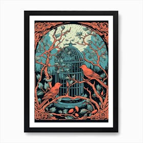 Bird Cage Linocut 1 Art Print