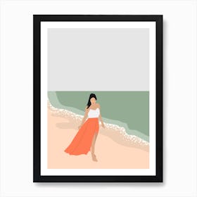 Woman Walking On The Beach Art Print