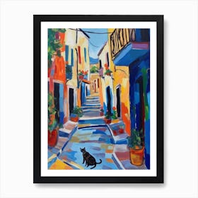 Painting Of A Street In Athens Greece With A Cat In The Style Of Matisse 2 Art Print