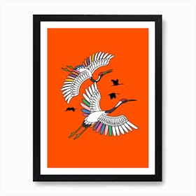 Colourful Rainbow Cranes Birds With Red Background Art Print