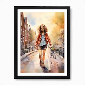 Girl Skateboarding In Amsterdam, Netherlands Watercolour 2 Art Print