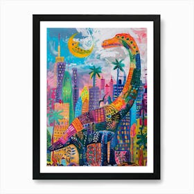 Colourful Cityscape Pattern Dinosaur Art Print