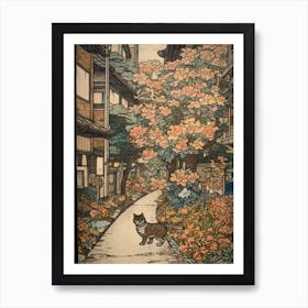 Painting Of Tokyo With A Cat In The Style Of William Morris 3 Art Print