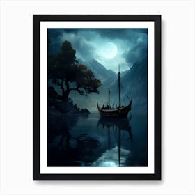 Viking Ship At Night Art Print