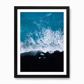 Black Sand Beach In Iceland With Waves And Ice Art Print