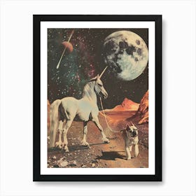 Retro Unicorn Dog Walks In Space Art Print