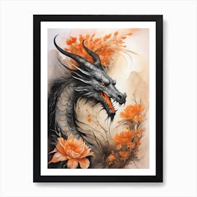 Japanese Dragon Abstract Flowers Painting (3) Art Print
